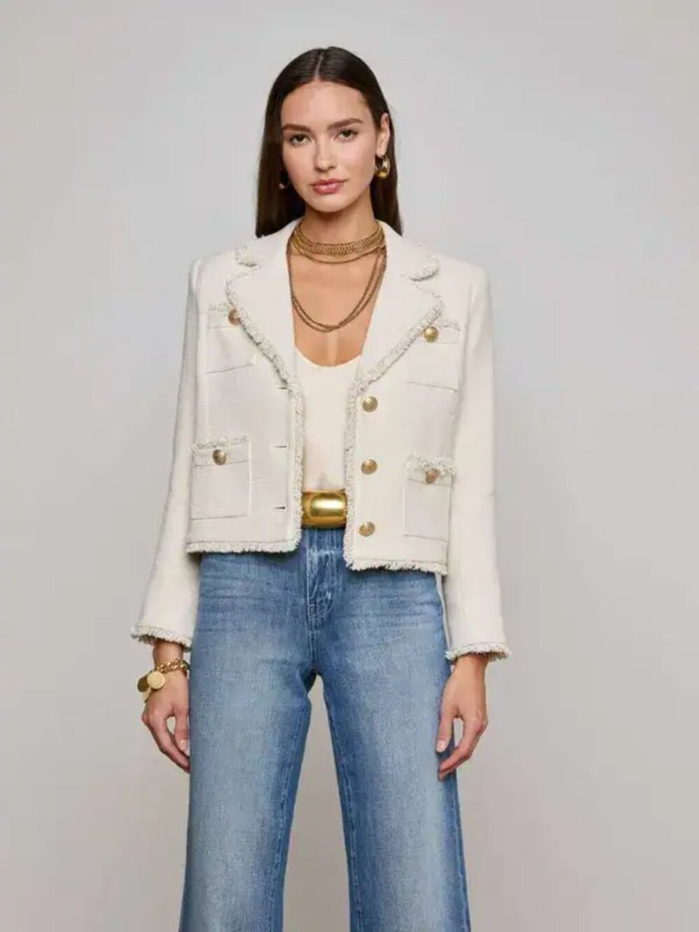 New L'Agence Sylvia Italian Tweed Metallic Ivory/Light Gold Jacket Size 2 NWT